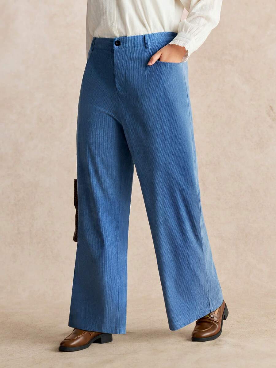 EMERY ROSE Plus Size Corduroy Real Pockets Straight Leg Casual Pants, Elegant For Outings, Commuting, Dates, And Gatherings