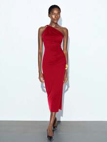 Maija 2025秋冬新款红色斜肩褶饰修身中长连衣裙，现代优雅都市浪漫端庄精致复古风格，适合婚礼嘉宾、生日、万圣节、商务休闲、约会、派对、圣诞节、新年 - 紅色 - 查看 6