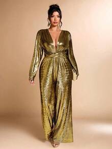 Cravure Christmas Plus Size Women Deep V-Neck Long Sleeve Pleated Sexy Wide Leg Metallic Jumpsuit