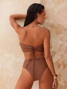 Swim Chiccia 2026 Special Fabric Women's Brown Side High Cut Halter Backless Tie Vacation Bikini Two Pieces Swimsuit, Spring/Summer - Coffee Brown - View 6