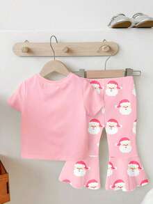 1 套女婴休闲可爱甜美粉色圣诞老人图案印花圆领 T 恤和喇叭裤圣诞主题服装 - 彩色 - 查看 2