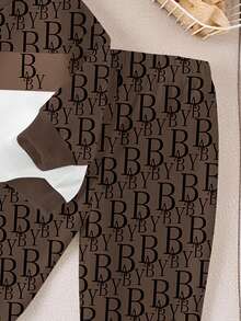 SHEIN Playful Pals 1 套男婴休闲时尚字母印花圆领运动衫和字母全身印花运动裤套装，舒适日常穿着，秋冬 - 彩色 - 查看 5