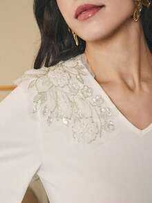 Omancia 女士冬季派对白色连衣裙，纯色贴花装饰修身长袖连衣裙，优雅正式礼服，适合约会、下午茶、派对、感恩节、教师节、返校、圣诞节、万圣节、新年 - 米色 - 查看 4