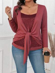 SHEIN Clasi Plus Size Front Tie Long Sleeve Casual Simple T-Shirt, Everyday Wear For Spring - Burgundy - View 8