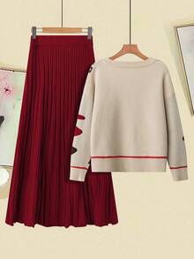 EMERY ROSE Christmas 2pcs/Set Women Plus Size Elegant Loose Color Block Knit Sweater Top And Skirt Set, Autumn/Winter Easter Wear - Multicolor - View 2