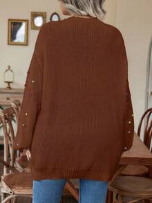 SHEIN LUNE Cárdigan casual holgado de punto acanalado con mangas farol para mujer de talla grande - Café integral - Ver 2