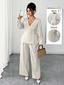 Elenzga Ensemble deux pièces grande taille pour femmes, top ample asymétrique à manches longues col V et pantalon ample long, couleur unie, style décontracté - Gris pâle - Voir 1