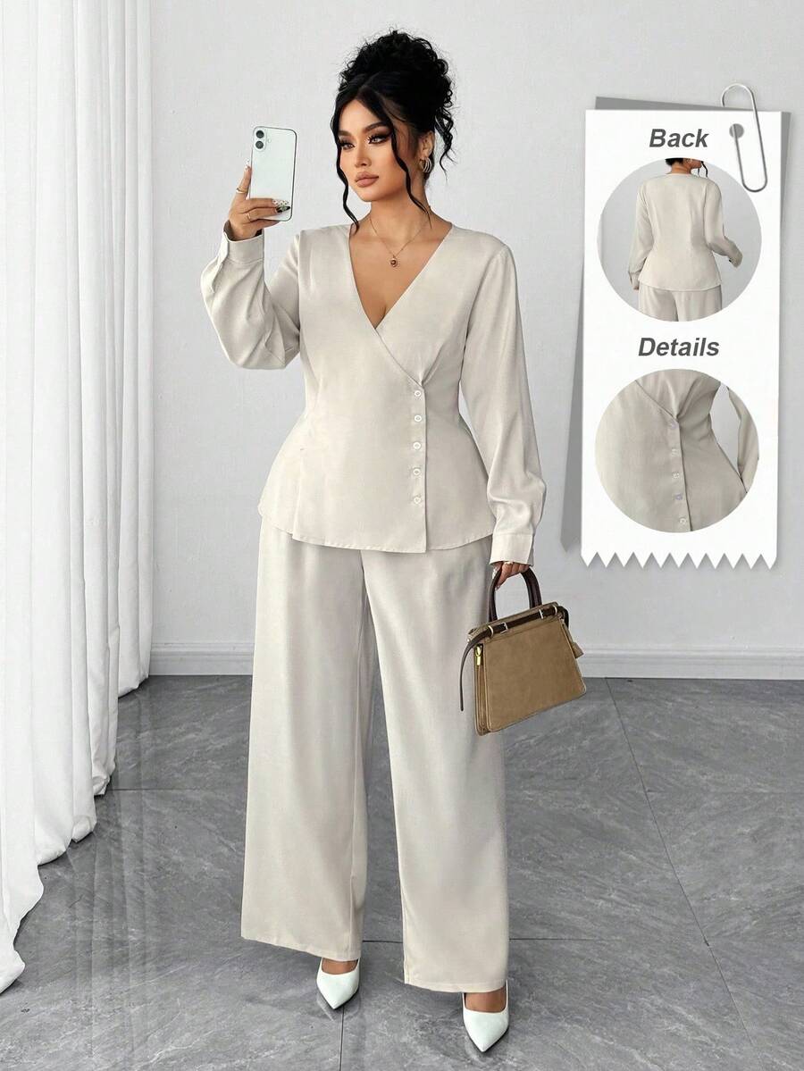Elenzga Ensemble deux pièces grande taille pour femmes, top ample asymétrique à manches longues col V et pantalon ample long, couleur unie, style décontracté - Gris pâle - Voir 1