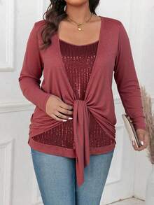SHEIN Clasi Plus Size Front Tie Long Sleeve Casual Simple T-Shirt, Everyday Wear For Spring - Burgundy - View 7