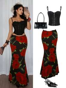 SHEIN Unity Women's Autumn/Winter Romantic Date Lace-Trimmed Floral Fishtail Skirt - Black - View 1