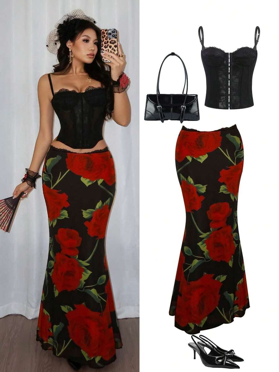SHEIN Unity Women's Autumn/Winter Romantic Date Lace-Trimmed Floral Fishtail Skirt - Black - View 1