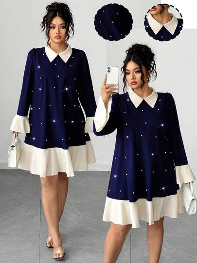 Elenzga Vestido elegante de mujer talla grande con estilo retro francés, romántico y de contraste de color con perlas