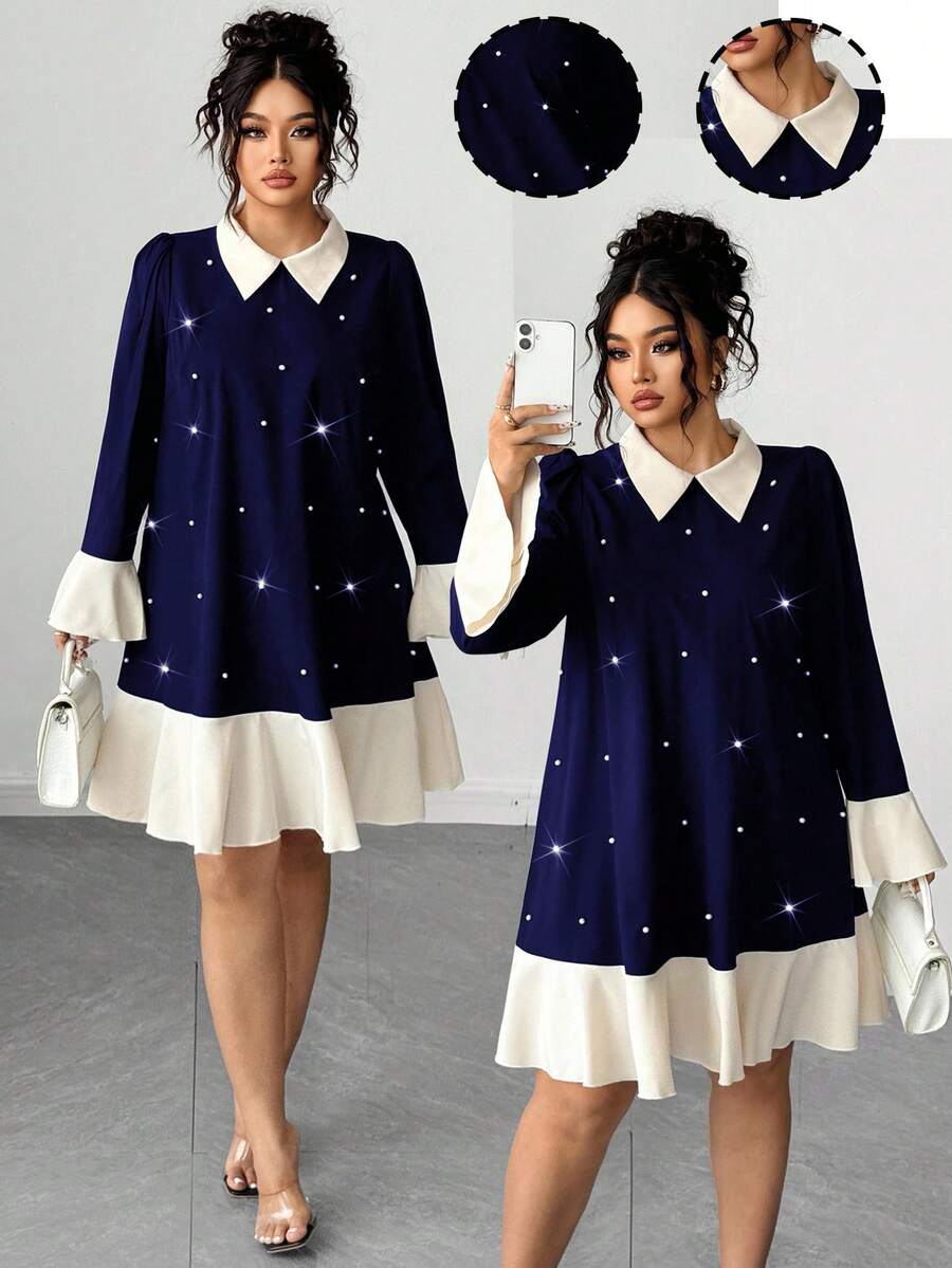 Elenzga Plus Size Women's Fashion Casual French Retro Romantic Elegant Pearl Contrast Color Dress - Navy Blue - View 1