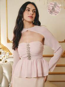 Omancia 女式粉色水钻装饰长袖荷叶边下摆修身衬衫，万圣节、圣诞节、新年、感恩节、秋冬休闲优雅派对装 - 杏色 - 查看 1