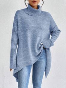 EMERY ROSE Women's Fashion Casual Asymmetrical Hem High Neck Long Sleeve Pullover Sweater - Blue - View 4