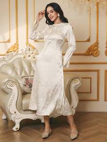 Penseblé 女士圆领修身连衣裙，3D 花卉装饰，优雅适合万圣节、感恩节、新年、秋冬季 - 杏色 - 查看 4