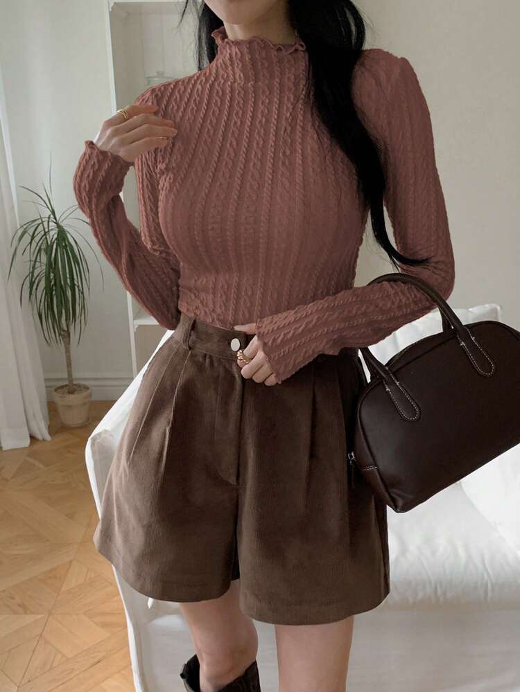 Women's Turtleneck Fitted Long Sleeve T-Shirt With Lettuce Hem, New Autumn Collection