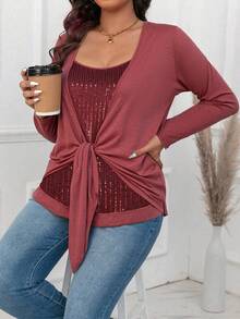 SHEIN Clasi Plus Size Front Tie Long Sleeve Casual Simple T-Shirt, Everyday Wear For Spring - Burgundy - View 4