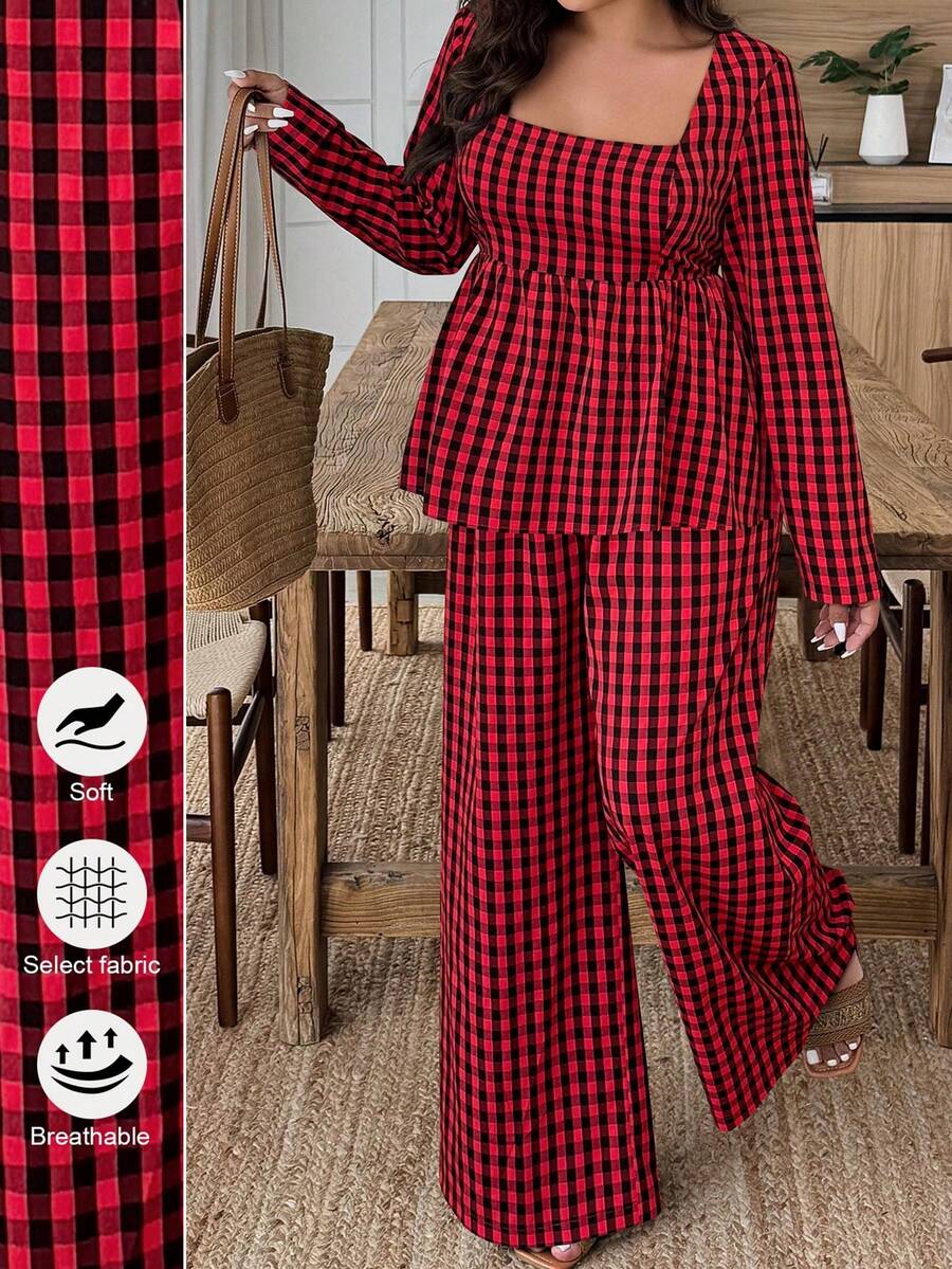 EMERY ROSE Plus Size Women's Casual Christmas Plaid Square Neck 2 Pieces Set, Autumn/Winter - Multicolor - View 1