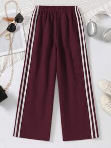SHEIN Tween Girls' Sporty Casual Striped Elastic Waist Pants - Burgundy - View 5