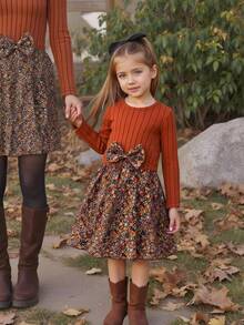 Emery Rose Kids Emery Rose Kids 年轻女孩罗纹修身拼布碎花圆领长袖修身休闲蛋糕 A 字连衣裙，秋冬新品，日常穿着，学校，秋冬 - 棕色 - 查看 2