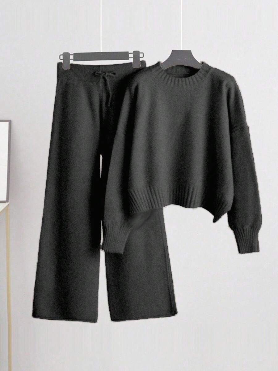 Franclia 2件套女式圆领长袖毛衣上衣和裤子套装 - 深灰色 - 查看 1