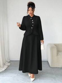 SHEIN Elenzya 大尺碼黑色冬季優雅正式晚裝兩件套，高領長袖不對稱金色鈕扣襯衫與傘擺荷葉邊裙 - 黑色 - 查看 4