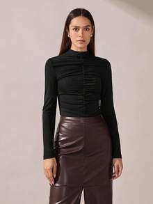 BizChic 2025 秋冬新款黑色褶饰网眼面料衬衫，现代优雅时尚商务休闲办公装，百搭浪漫风格，适合正式场合、派对、婚礼、音乐会、早午餐、机场、国庆节、新年、圣诞节 - 黑色 - 查看 5