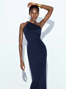 Maija 2025秋冬新款海军蓝不对称肩部褶皱修身中长连衣裙，现代优雅都市浪漫端庄精致复古风格，适合婚礼嘉宾、生日、万圣节、商务休闲、约会、派对、新年、圣诞节 - 藏蓝色 - 查看 8