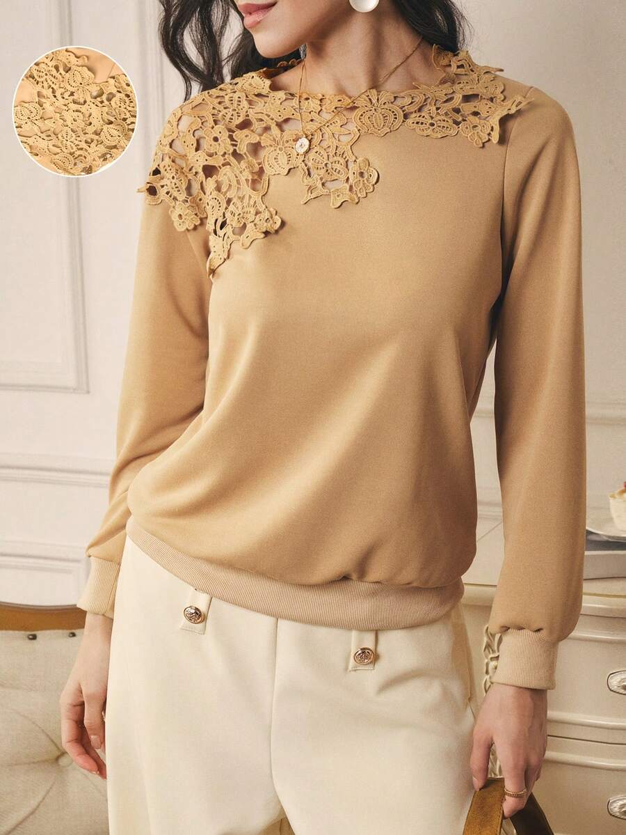 SHEIN Clasi 女士优雅蕾丝拼布运动衫,休闲修身套头衫,适合万圣节、圣诞节、新年、感恩节、秋冬季 - 卡其色 - 查看 1