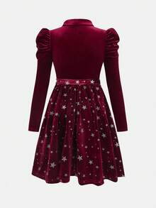 SHEIN Đầm midi họa tiết ngôi sao năm cánh dài tay ngắn cổ tròn thoải mái, đơn giản, thoải mái cho bé gái tuổi teen - Đỏ - Xem 2