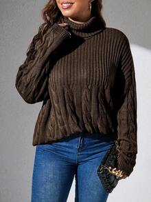 SHEIN CURVE+ 大码女式纯色高领落肩长袖麻花针织套头衫 - 咖啡棕 - 查看 3