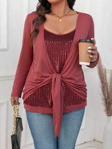SHEIN Clasi Plus Size Front Tie Long Sleeve Casual Simple T-Shirt, Everyday Wear For Spring - Burgundy - View 1
