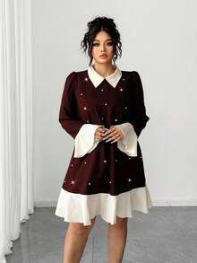 Elenzga Plus Size Fashionable Casual French Retro Romantic Elegant Pearl Contrast Color Dress - Burgundy - View 4