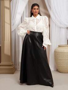VOLUPTÉ CURVE Plus Size Spring Summer Solid Chiffon Jacquard Puff Sleeve Cinched Waist Mid Sleeve Floral Texture Button Placket French Commute Blouse For Commute, Office, Date Night, Brunch And Party - White - View 5