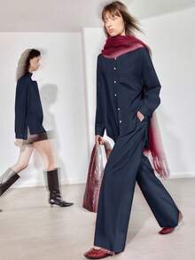Ontre 女士简约舒适风格，女士两件套睡衣套装，都市通勤商务休闲装，办公室服装，女士教师装，女士优雅装，外套 - 藏蓝色 - 查看 2