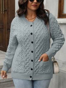 Áo khoác cardigan dệt kim xoắn cổ tròn tay dài màu trơn cỡ lớn, thường ngày, cài nút phía trước, thời trang và đa năng - Màu Xám nhạt - Xem 5