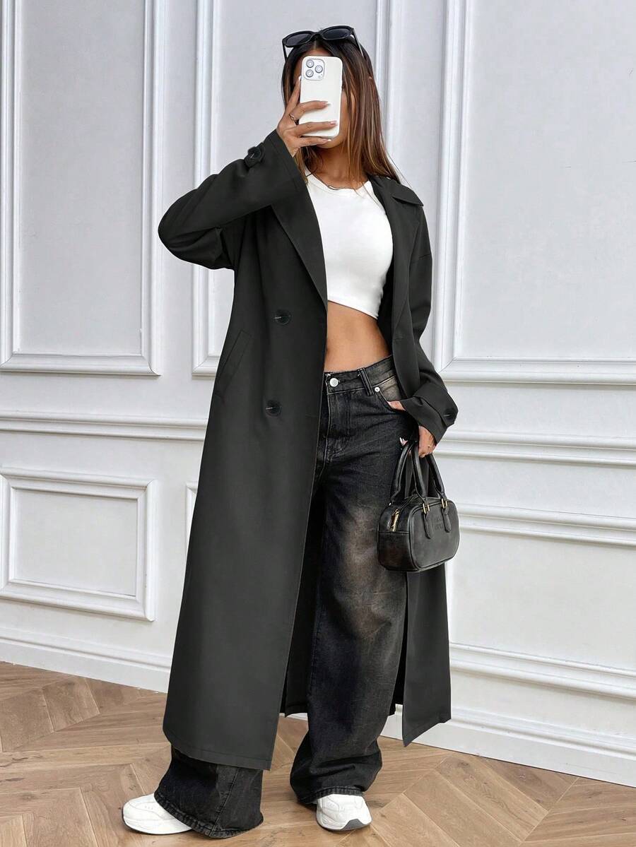 SHEIN PETITE Áo khoác dáng dài tay hai hàng cúc màu đen, kiểu dáng thanh lịch, phong cách Pháp cổ điển pha lẫn Mỹ, có túi, phối màu đồng bộ, thích hợp cho mùa thu và năm mới. - màu đen - Xem 1