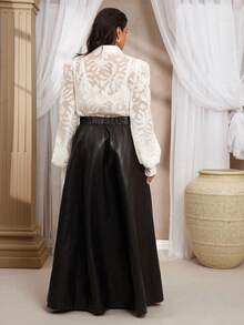 VOLUPTÉ CURVE Plus Size Spring Summer Solid Chiffon Jacquard Puff Sleeve Cinched Waist Mid Sleeve Floral Texture Button Placket French Commute Blouse For Commute, Office, Date Night, Brunch And Party - White - View 4
