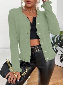 EMERY ROSE Solid Color Front Button Pleated Hem Casual Versatile Long Sleeve Cardigan - Green - View 4
