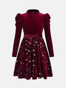 SHEIN Đầm midi họa tiết ngôi sao năm cánh dài tay ngắn cổ tròn thoải mái, đơn giản, thoải mái cho bé gái tuổi teen - Đỏ - Xem 6