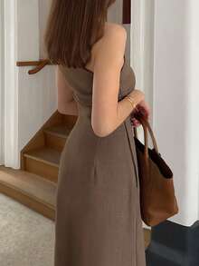 EMERY ROSE Women's Elegant Solid Color Dress, For Commuting In Summer - Brown - View 2