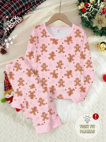 Girls Cute Gingerbread Print Pink And Brown Christmas Pajama Set,2 Pieces Long Sleeve Snug Fit Knit Pajamas For Autumn,Casual,Holiday,Comfortable Soft - Multicolor - View 5