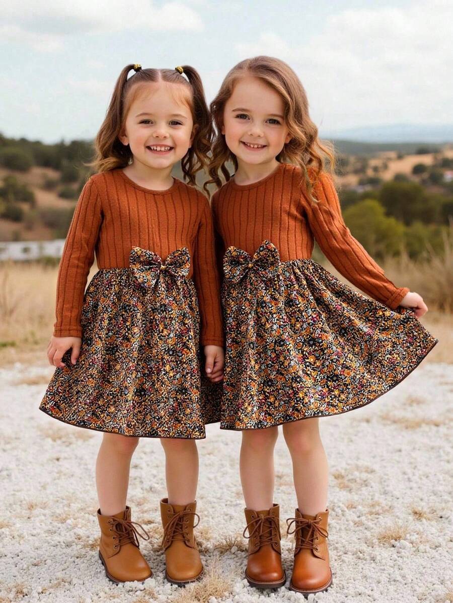 Emery Rose Kids Emery Rose Kids 年轻女孩罗纹修身拼布碎花圆领长袖修身休闲蛋糕 A 字连衣裙,秋冬新品,日常穿着,学校,秋冬 - 棕色 - 查看 1