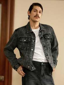 Manfinity Homme Men's Distressed Long Sleeve Denim Jacket , Dark Cotton Plain Black Party Grunge Rapper Going Out Vacation National Park Urban Gym, For Fall