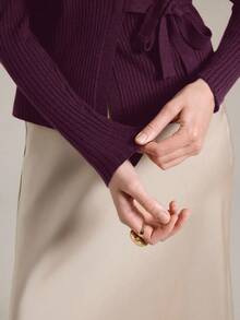 Ontre Women's Casual Knitted Ribbed Tie-Front Cardigan, Urban Commute Business Casual Wear, Office Outfit, Teacher Apparel, Basic Spring/Summer Outerwear - Red Violet - View 4