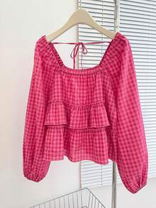 INAWLY Women's Autumn New Arrival Cute Ruffle Hem Blouse - Hot Pink - View 4