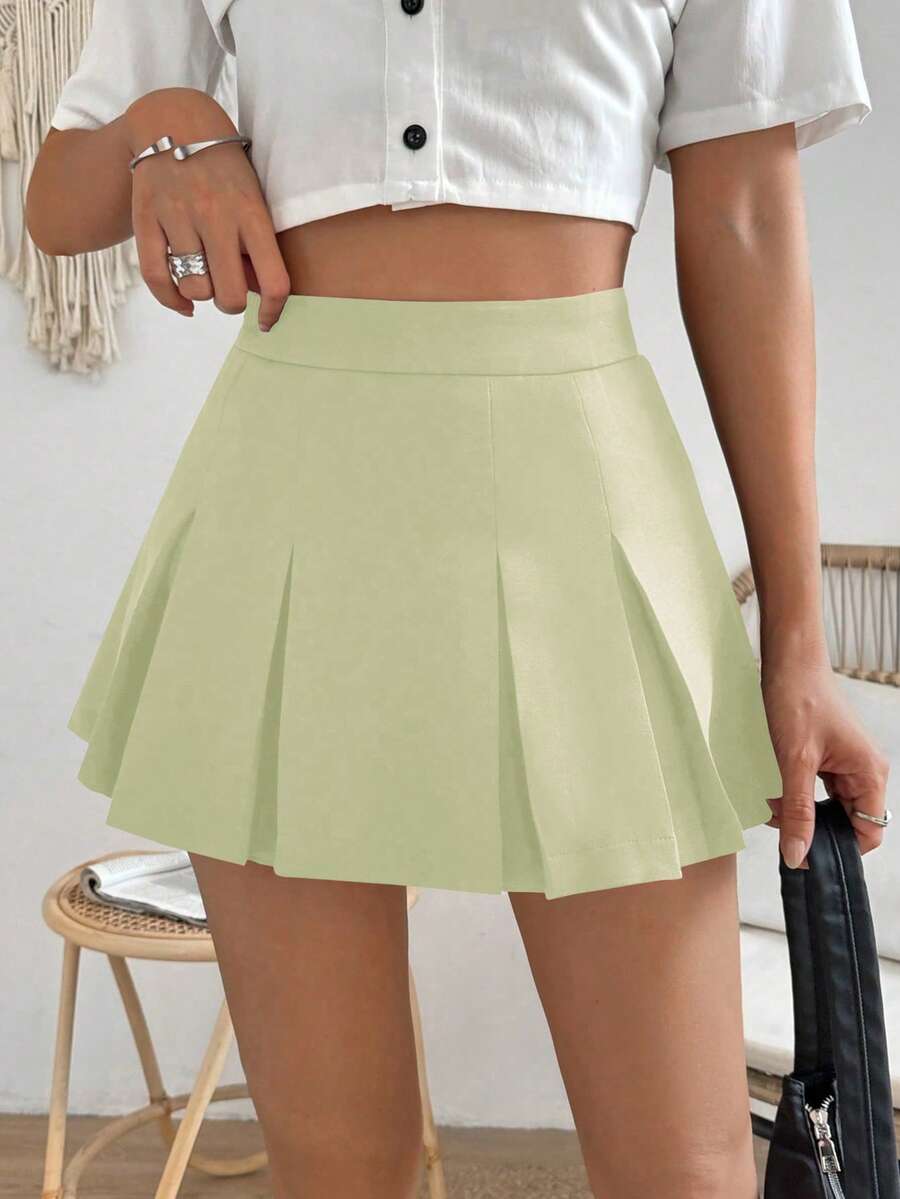 SHEIN Unity Preppy Style Casual Woman Solid Pleated Skirt - Lime Green - View 1