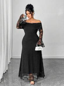 Elenzga 大码女式优雅雪纺拼接露肩长袖喇叭袖收腰修身高端派对连衣裙，秋冬 - 黑色 - 查看 6