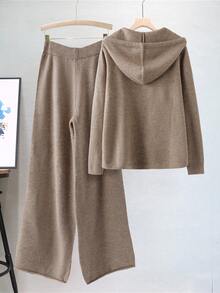 Linhara 加大码两件套针织套装，领口撞色边套头衫和休闲直筒裤，适合万圣节、圣诞节、返校季、复古欢乐季、休闲、女士办公室穿着 - 卡其色 - 查看 2